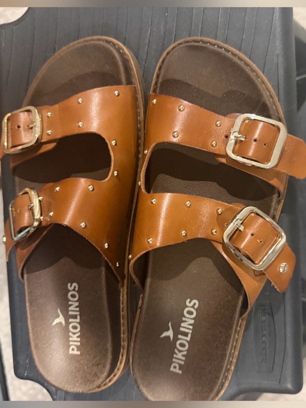 PIKOLINOS Tan Brown Double-Buckle Studded Leather Sandals